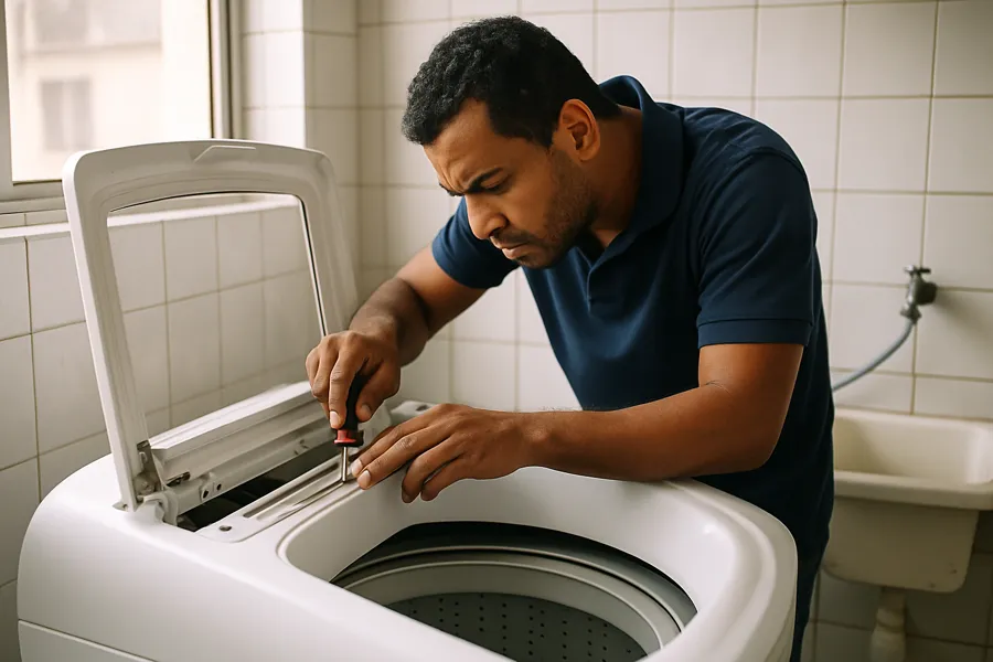 Técnico consertando uma máquina de lavar de tampa superior na casa do cliente